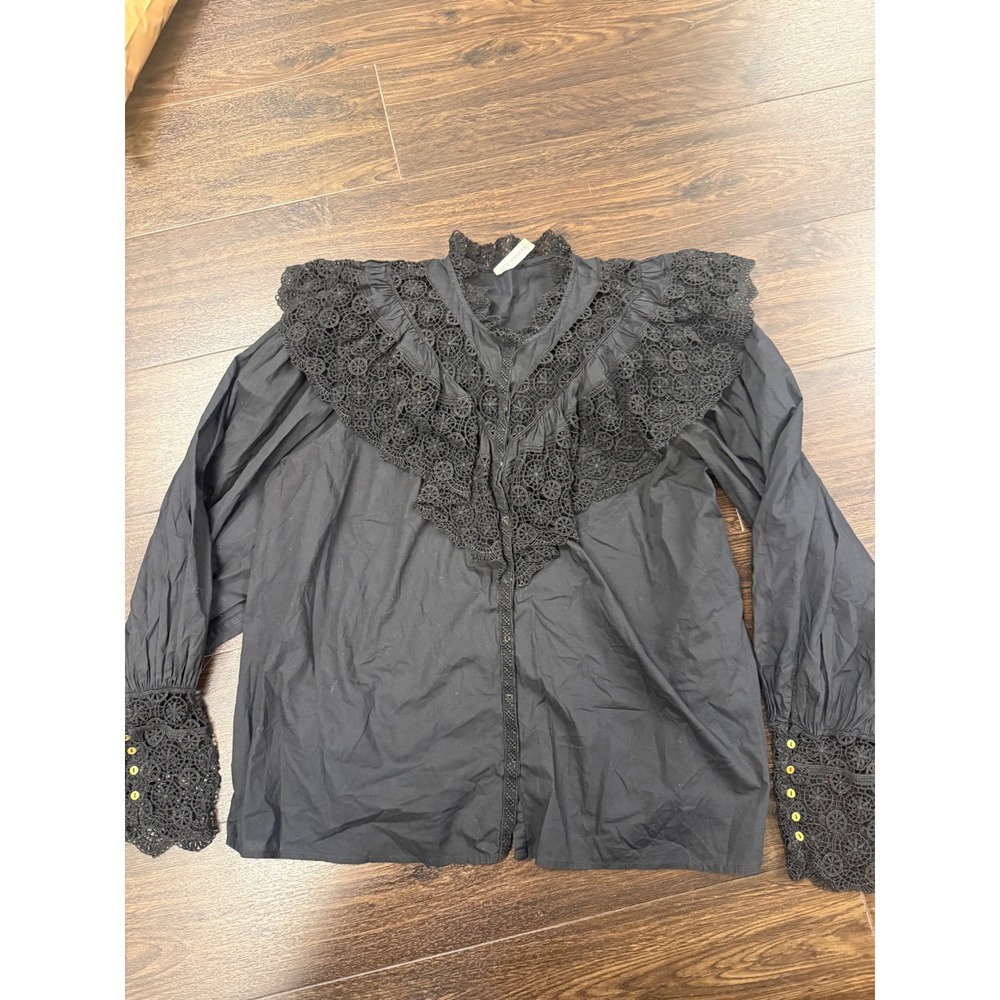 Ulla Johnson Black Crochet Lace Ruffle V-Neck Long Sleeve Blouse Top Size 6
